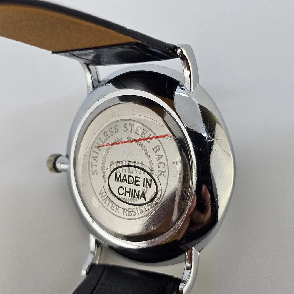 Men's Analog Watch 38MM Black Dial Black Faux Leather Bands New Battery
